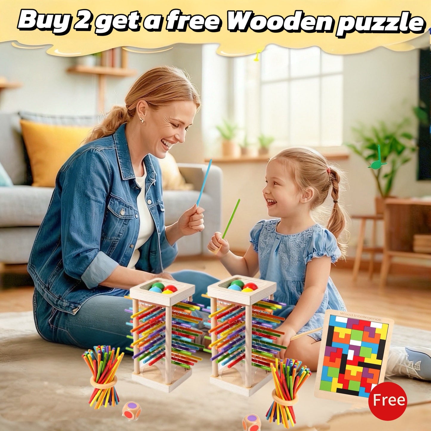 š„Wooden Stick Game. Colorful Educational Toy for Cognitive Development & Focus Training. Includes Mixed Colors Sticks and one-level Puzzle