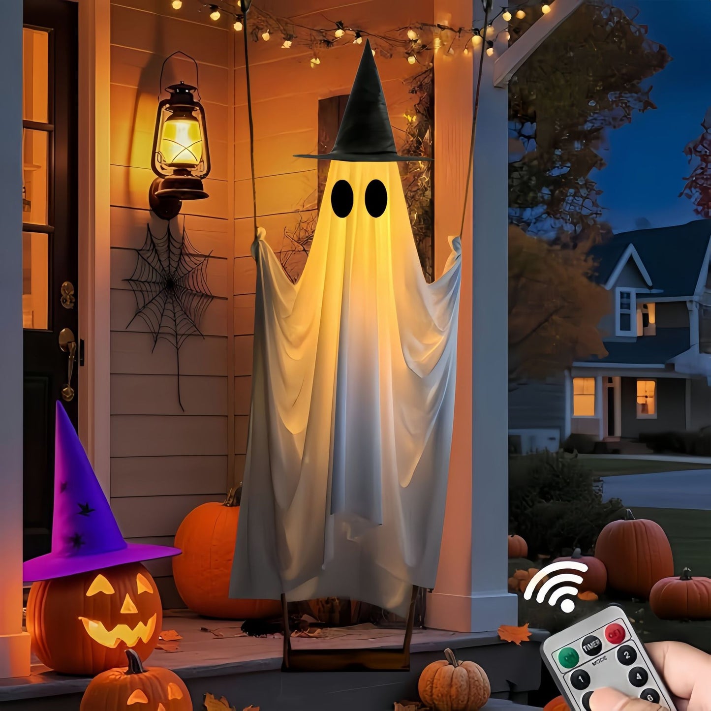Halloween Hanging Ghost Swing with Remote Control String Lights