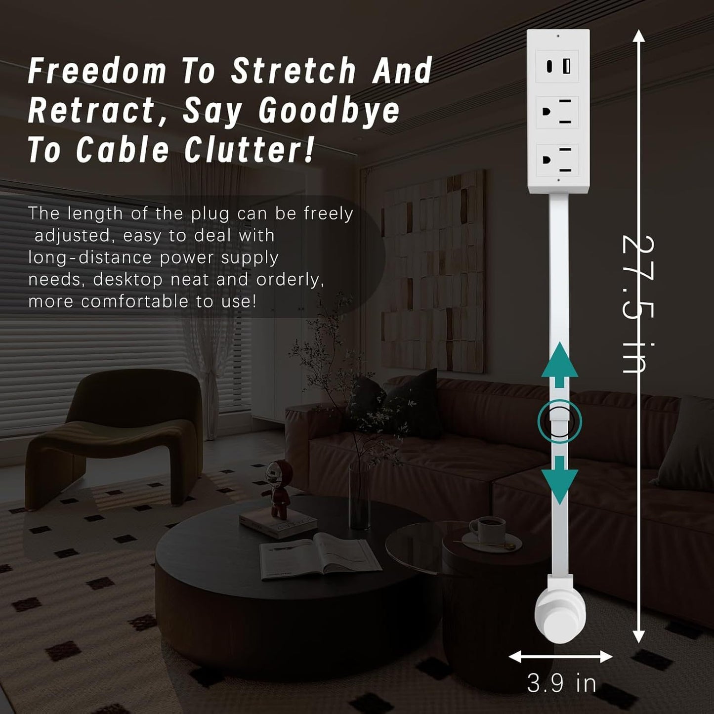 XURATTIX  Electrical Outlet Extender Stick, 180° Rotating Wall Outlet - Features 2 USB-A, 1 USB-C, and 2 AC Outlets