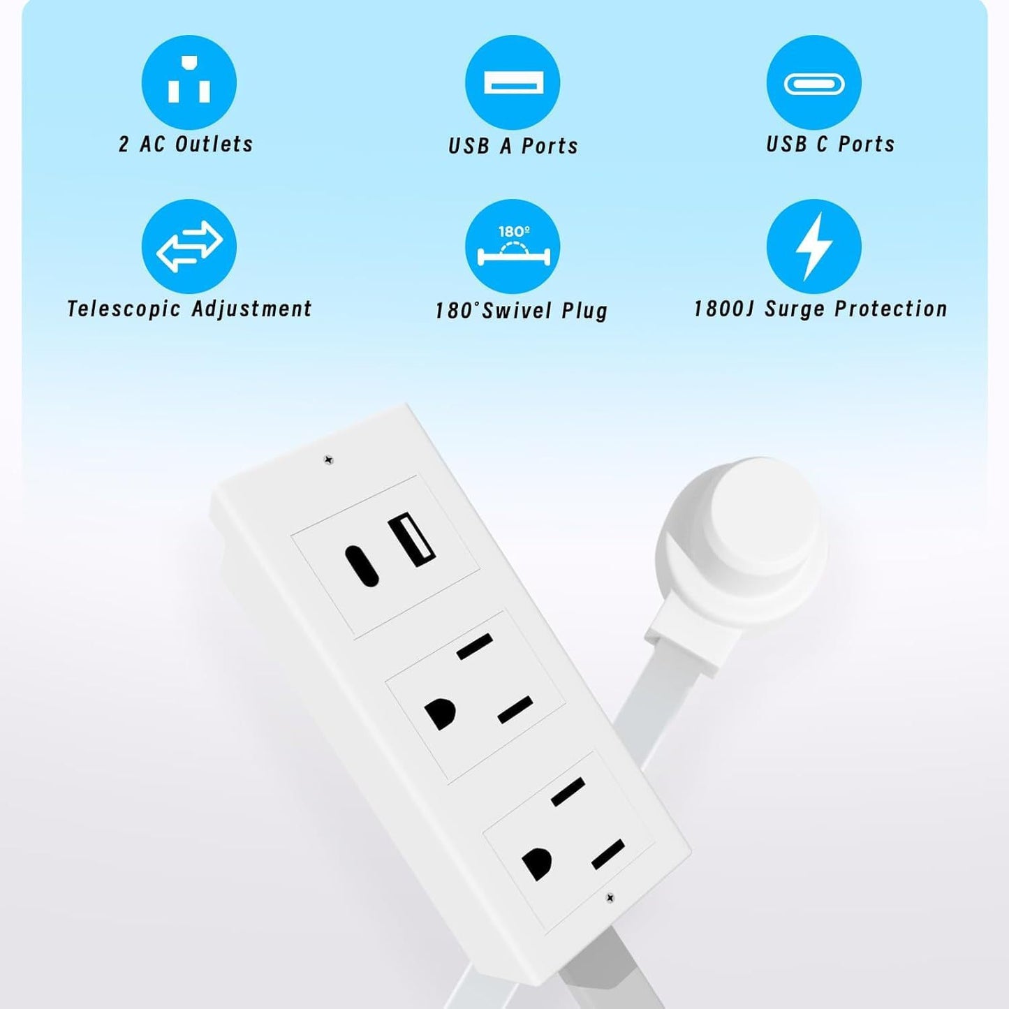 XURATTIX  Electrical Outlet Extender Stick, 180° Rotating Wall Outlet - Features 2 USB-A, 1 USB-C, and 2 AC Outlets