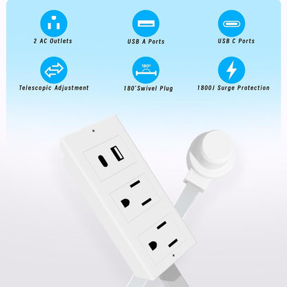 XURATTIX  Electrical Outlet Extender Stick, 180° Rotating Wall Outlet - Features 2 USB-A, 1 USB-C, and 2 AC Outlets