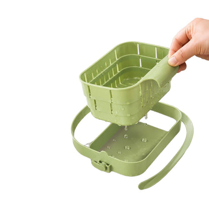 Hanging, foldable, and telescopic dish drying basket for kitchen sinks — separates food residue and filters fruits during washing and storage.