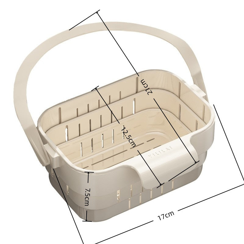 Hanging, foldable, and telescopic dish drying basket for kitchen sinks — separates food residue and filters fruits during washing and storage.