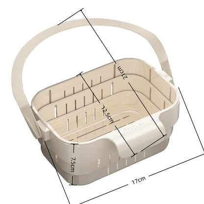 Hanging, foldable, and telescopic dish drying basket for kitchen sinks — separates food residue and filters fruits during washing and storage.