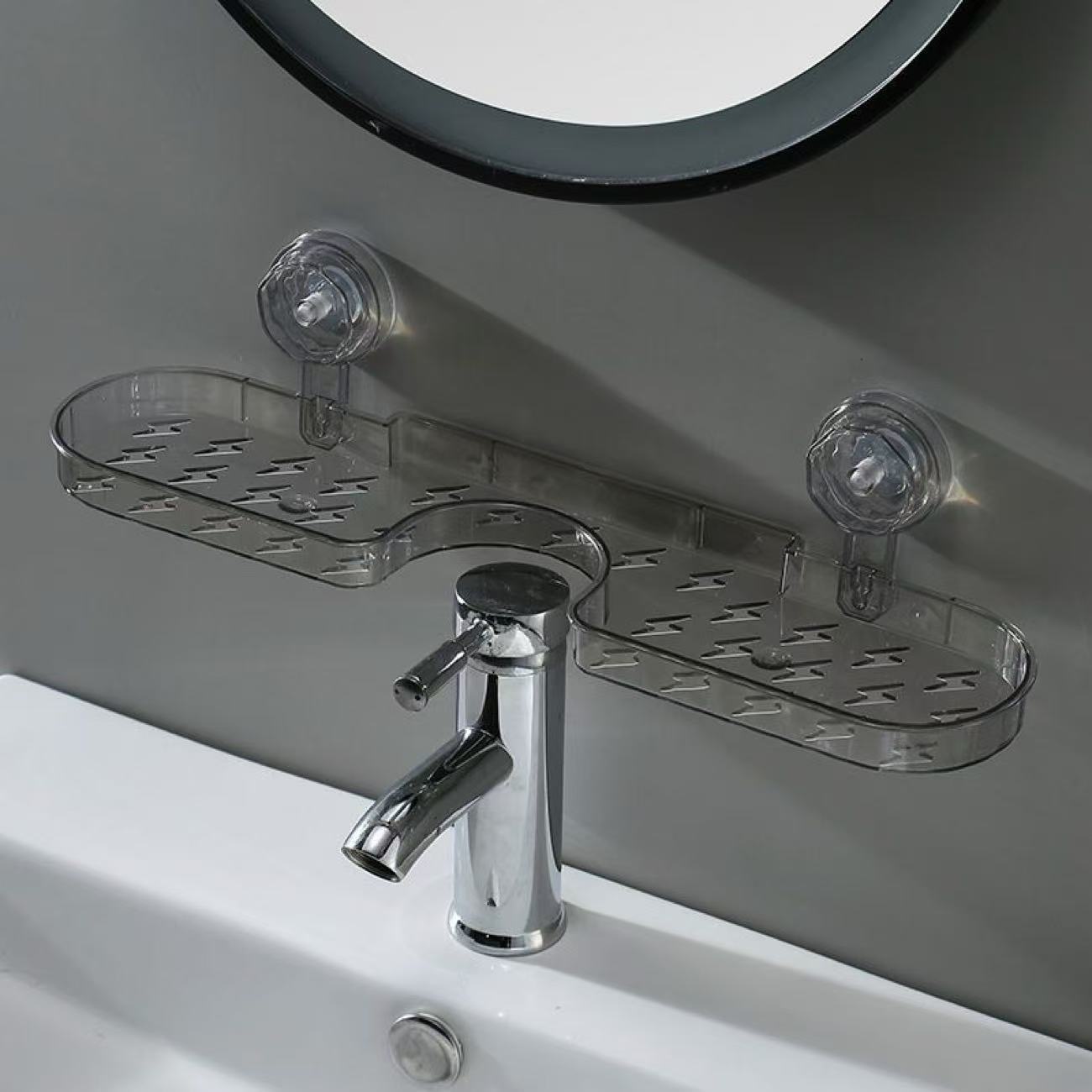 Suction-Cup Bathroom Organizer – No-Drill Faucet-Mounted Shelf for Sink, Toilet, or Mirror Area