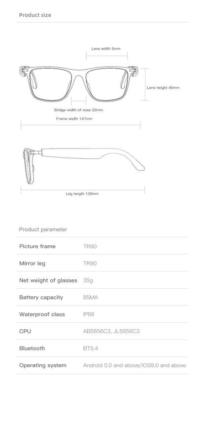 Black Tech AI Translation Glasses for Calls, Music, Bluetooth, Smart Glasses, and Sunglasses