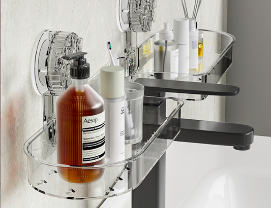 Suction-Cup Bathroom Organizer – No-Drill Faucet-Mounted Shelf for Sink, Toilet, or Mirror Area