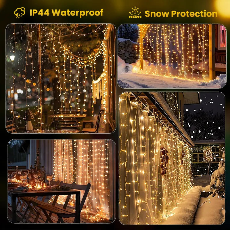IP44-rated curtain lights used for outdoor decorating