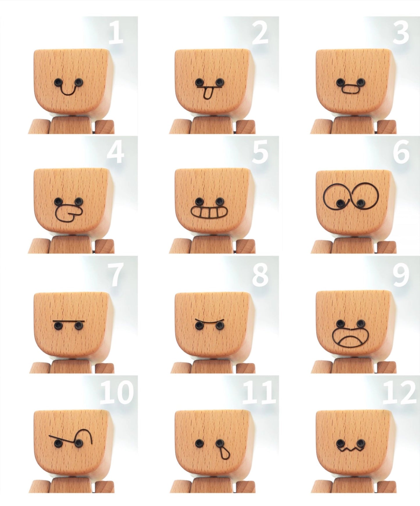 Charmante kleine Holzfigur. die mit 12 magnetischen Ausdrücken schwankt