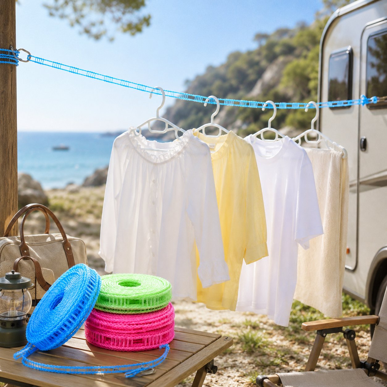 Adjustable Windproof Clothesline with Hooks - Portable Heavy Duty Travel Laundry Line for Outdoor. Backyard. Camping & Indoor Drying