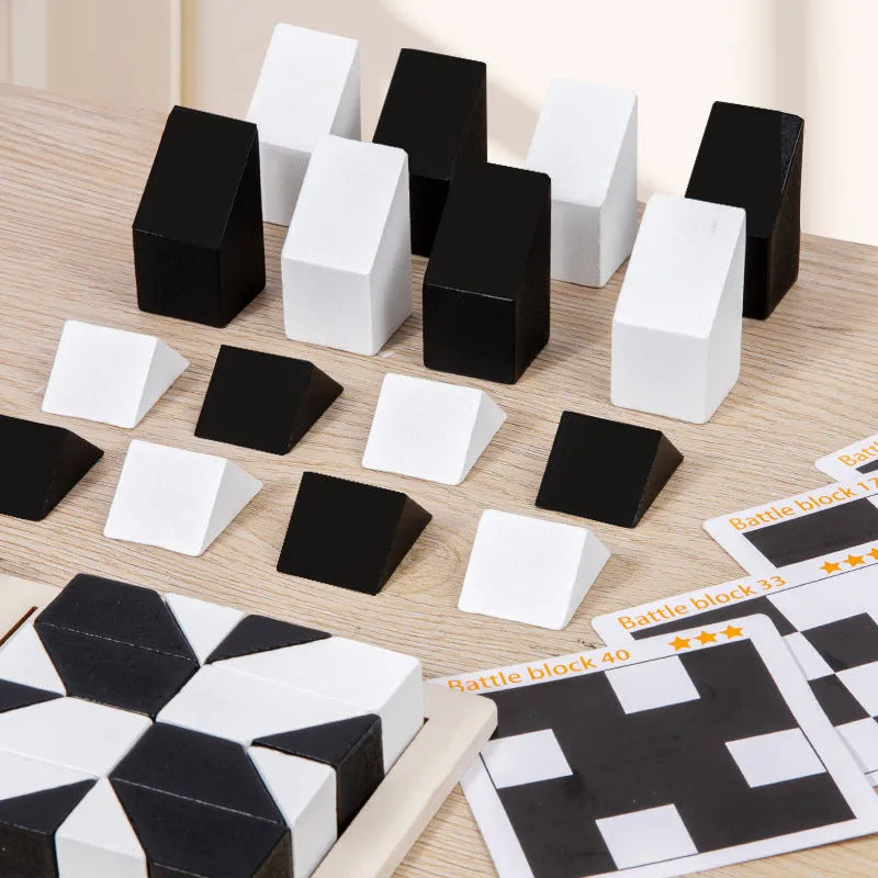 Black and white puzzle blocks in different shapes