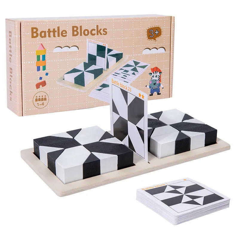 Battle Blocks competition set with puzzle boards, pattern cards, and bell