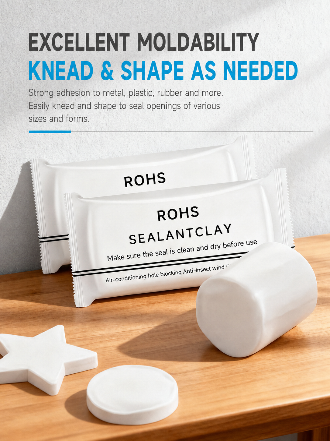 Sealant putty shaped into different forms beside product packs