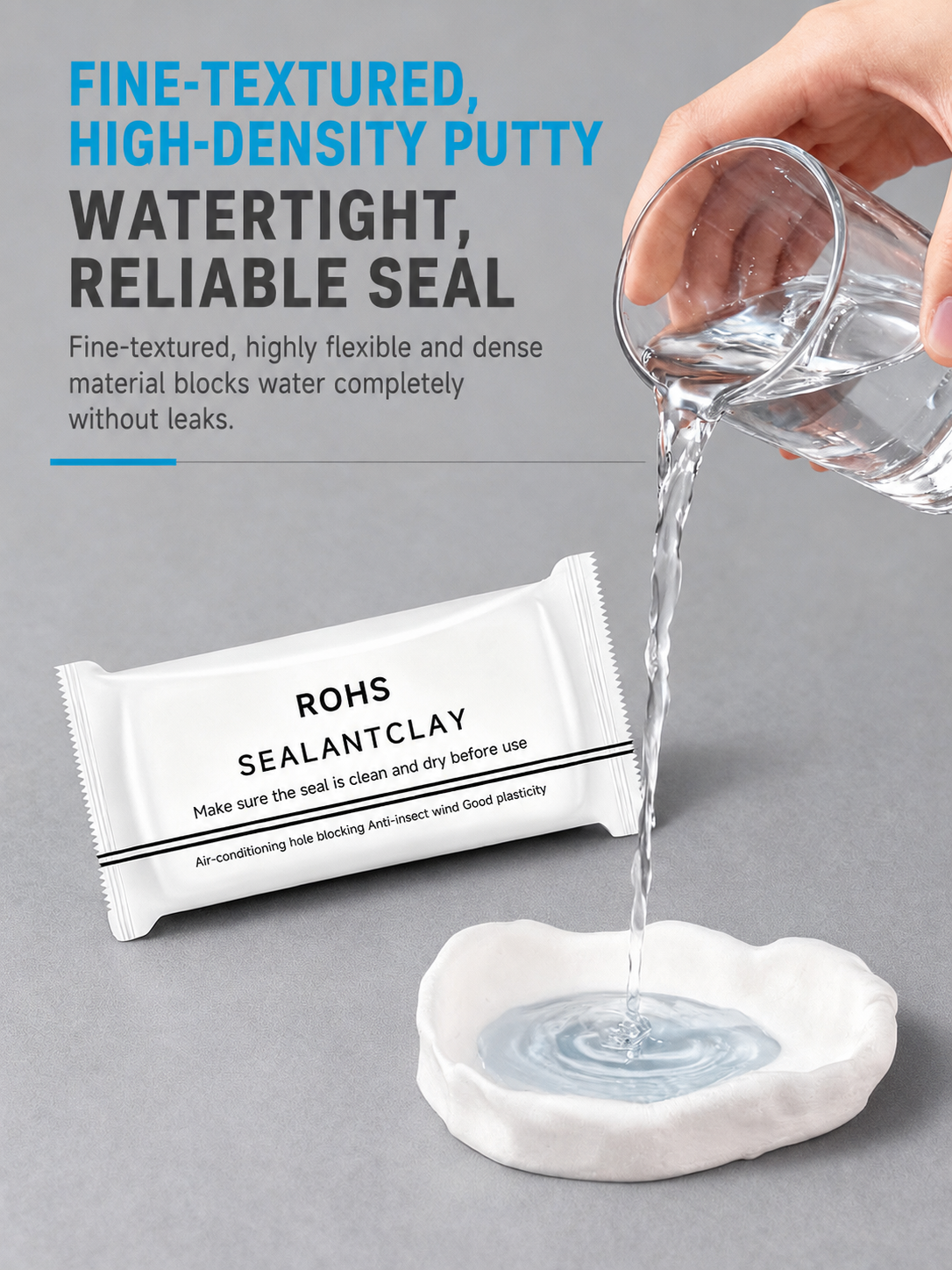 Water poured into a bowl shaped from waterproof sealant putty