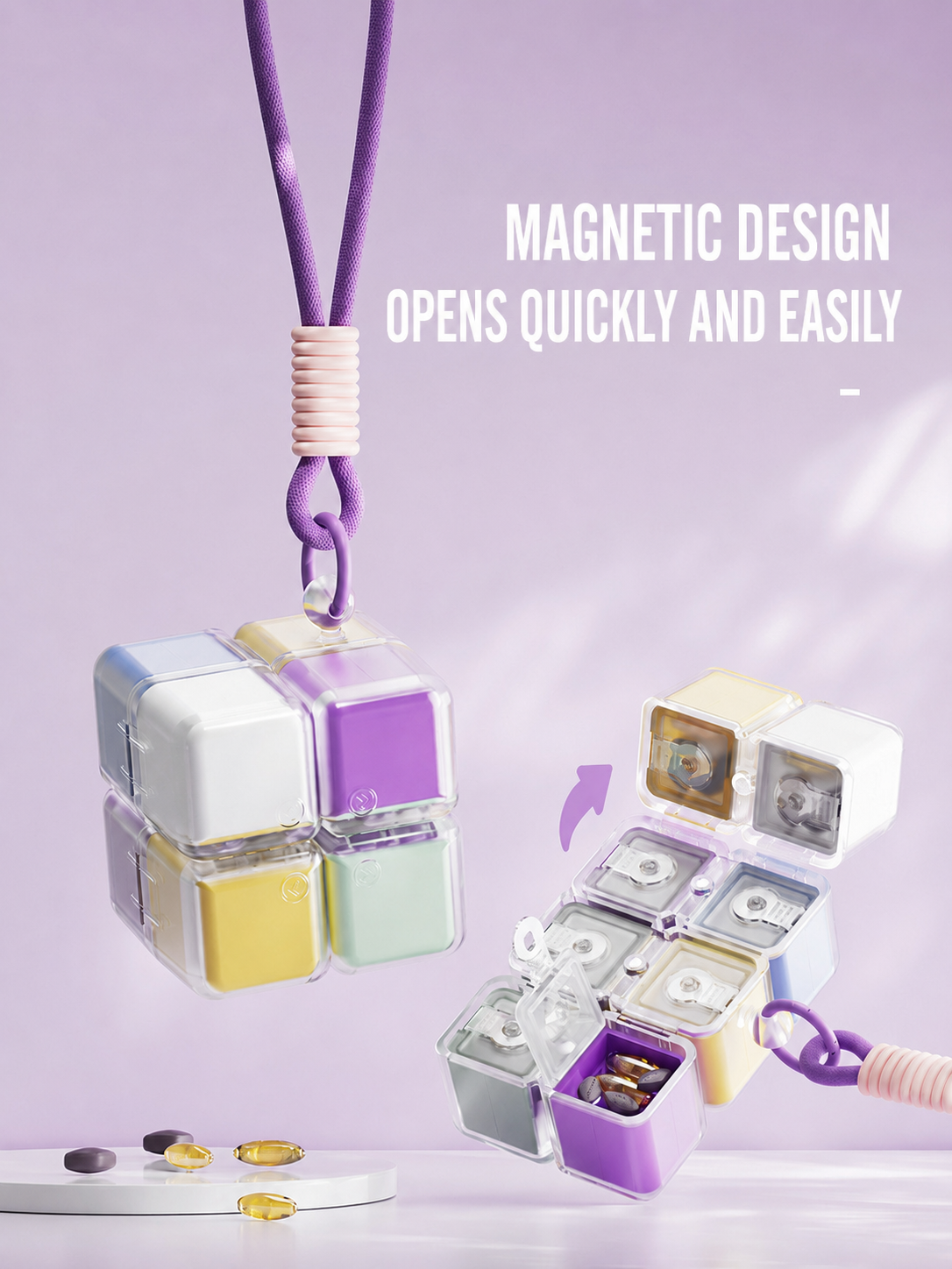 Magnetic Cube Compartment Portable Pill Case