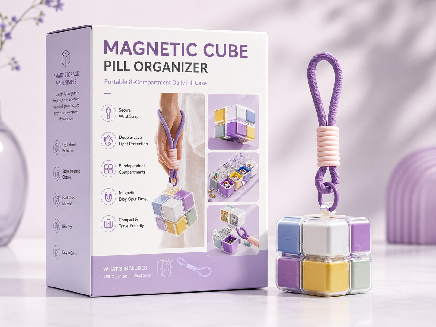Magnetic Cube Compartment Portable Pill Case