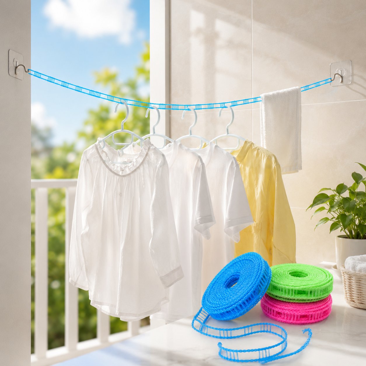 Adjustable Windproof Clothesline with Hooks - Portable Heavy Duty Travel Laundry Line for Outdoor. Backyard. Camping & Indoor Drying