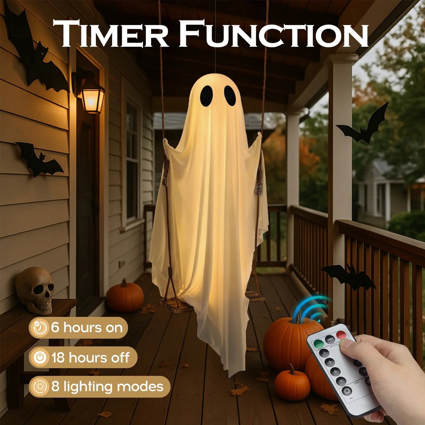 Halloween Hanging Ghost Swing with Remote Control String Lights