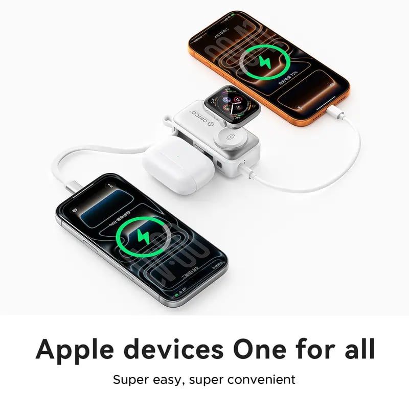 🔋 Orico 3-in-1 Power Bank – Integrated Cable & Foldable Wall Plug – Wireless Watch Charger for iPhone & Android ✈️
