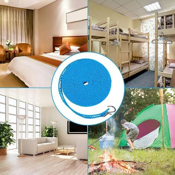 Adjustable Windproof Clothesline with Hooks - Portable Heavy Duty Travel Laundry Line for Outdoor. Backyard. Camping & Indoor Drying