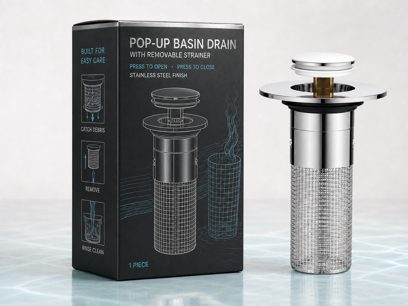Universal pop-up basin drain plug with brass core for washbasins, sinks, and vanity tops — detail 2