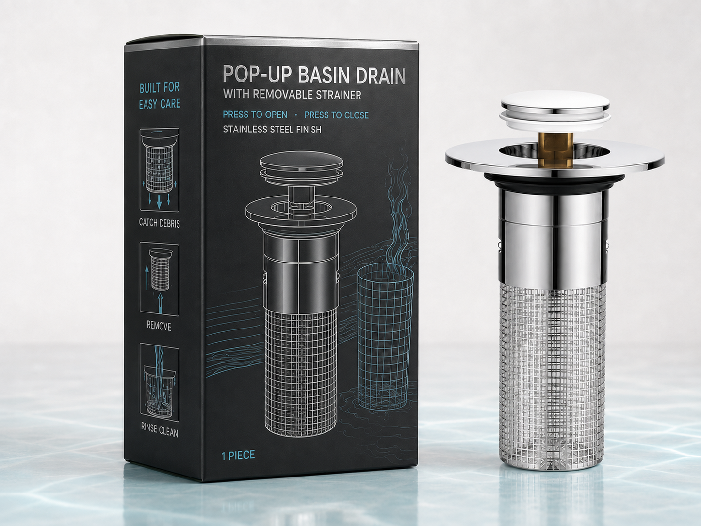 Universal pop-up basin drain plug with brass core for washbasins, sinks, and vanity tops