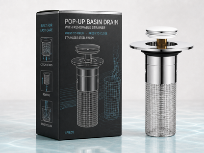 Universal pop-up basin drain plug with brass core for washbasins, sinks, and vanity tops
